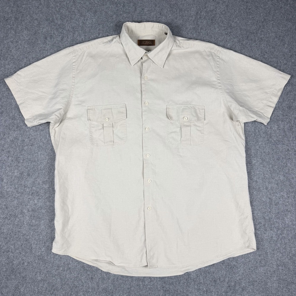 Tasso Elba Mens XL Off White Linen Tencel Short Sleeve Button Up Camp Shirt EUC